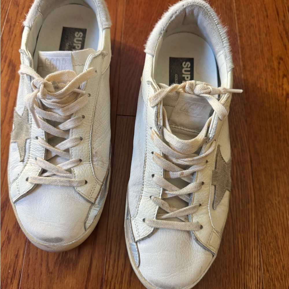 Golden Goose White and Silver Sneakers